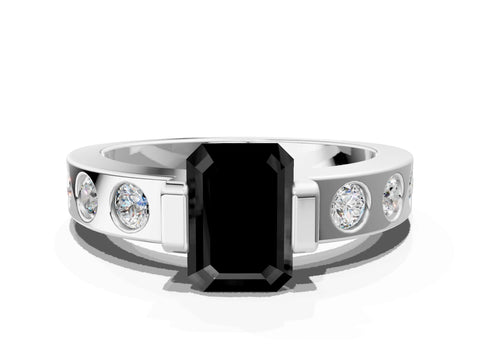 White gold Fancy Black Emerald Cut Brilliant Channel-Set Diamond Ring with Bezel Prong Setting