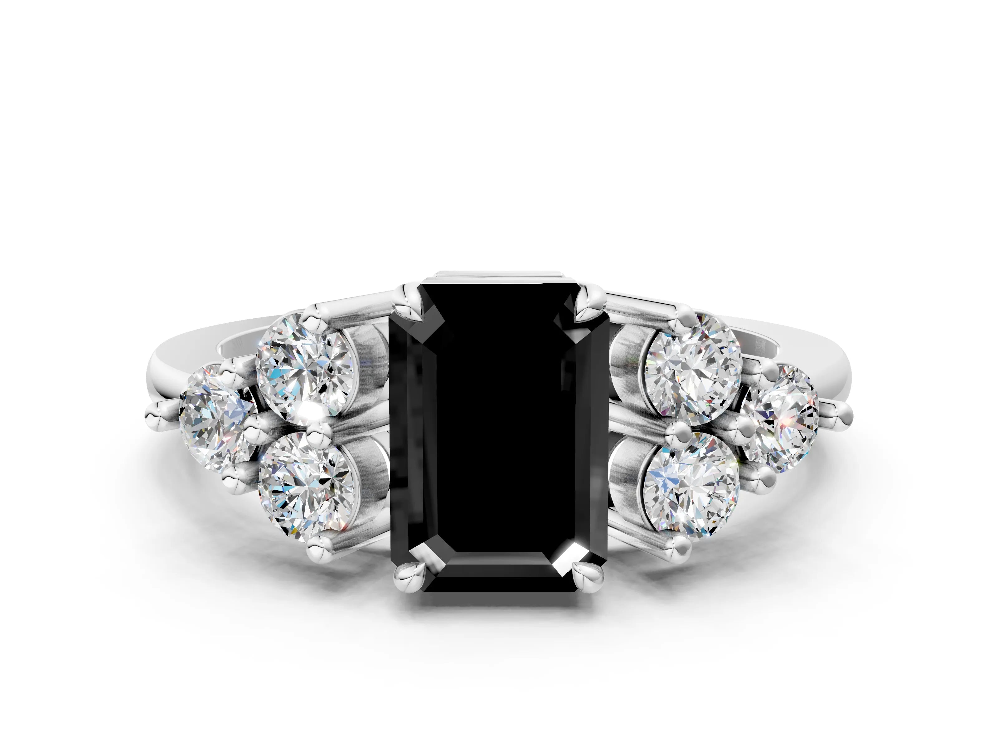 White gold Fancy Black Emerald Cut Brilliant Diamond Cluster Accent Solitaire Ring with Prong Setting_12