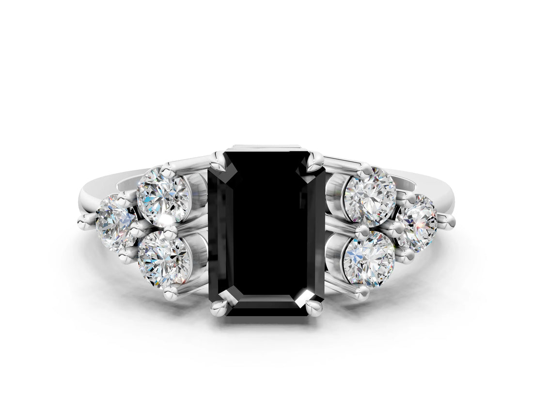 White gold Fancy Black Emerald Cut Brilliant Diamond Cluster Accent Solitaire Ring with Prong Setting_12