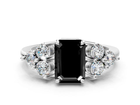 White gold Fancy Black Emerald Cut Brilliant Diamond Cluster Accent Solitaire Ring with Prong Setting_12