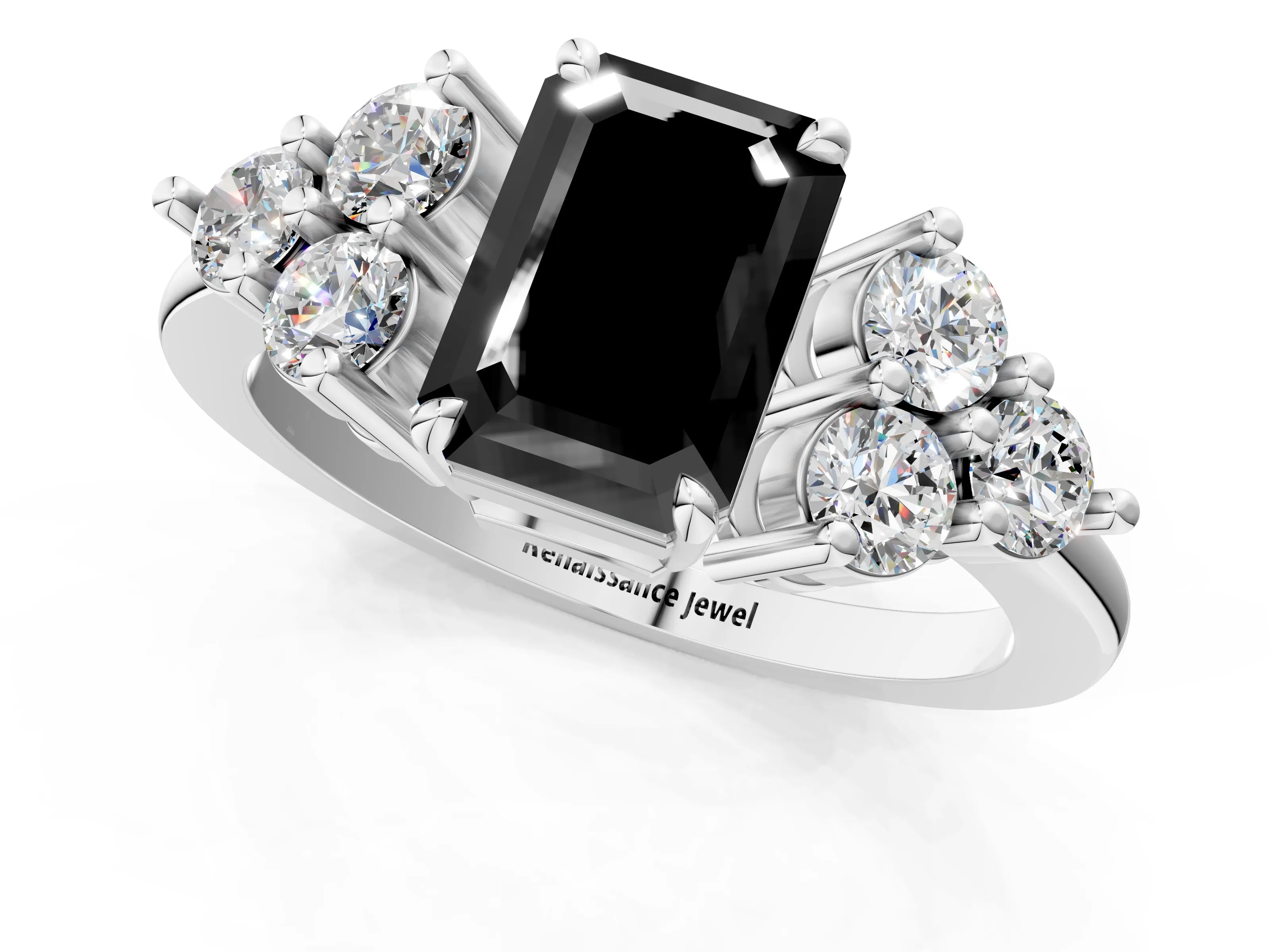 White gold Fancy Black Emerald Cut Brilliant Diamond Cluster Accent Solitaire Ring with Prong Setting_13