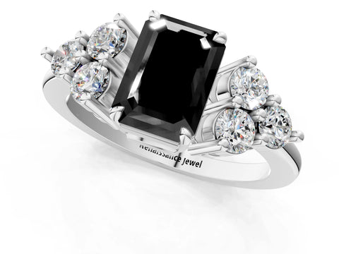 White gold Fancy Black Emerald Cut Brilliant Diamond Cluster Accent Solitaire Ring with Prong Setting_13