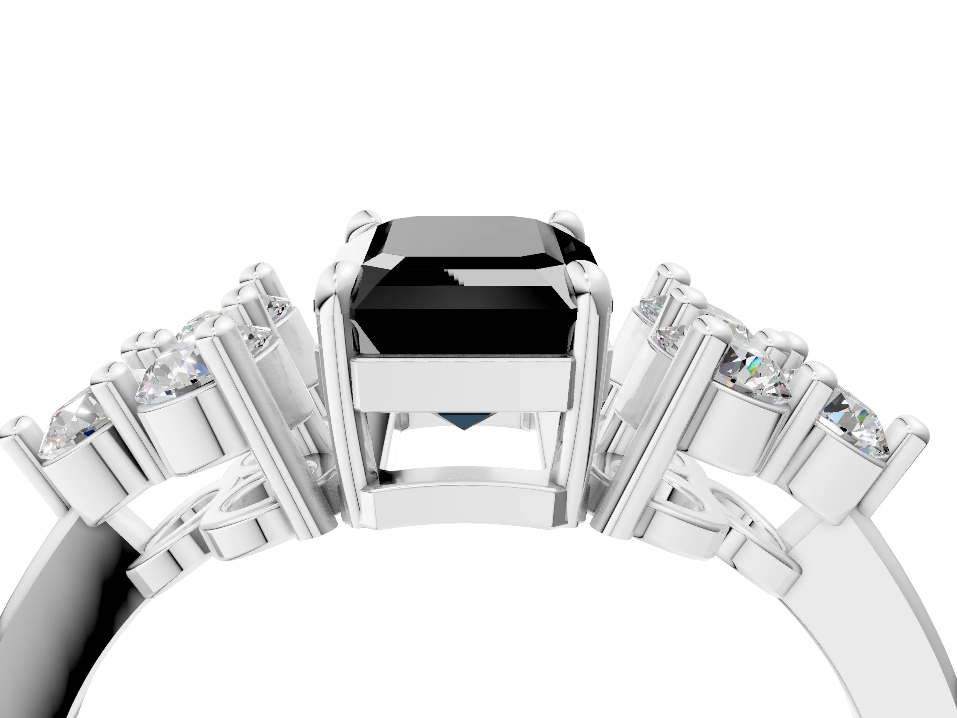 White gold Fancy Black Emerald Cut Brilliant Diamond Cluster Accent Solitaire Ring with Prong Setting_16