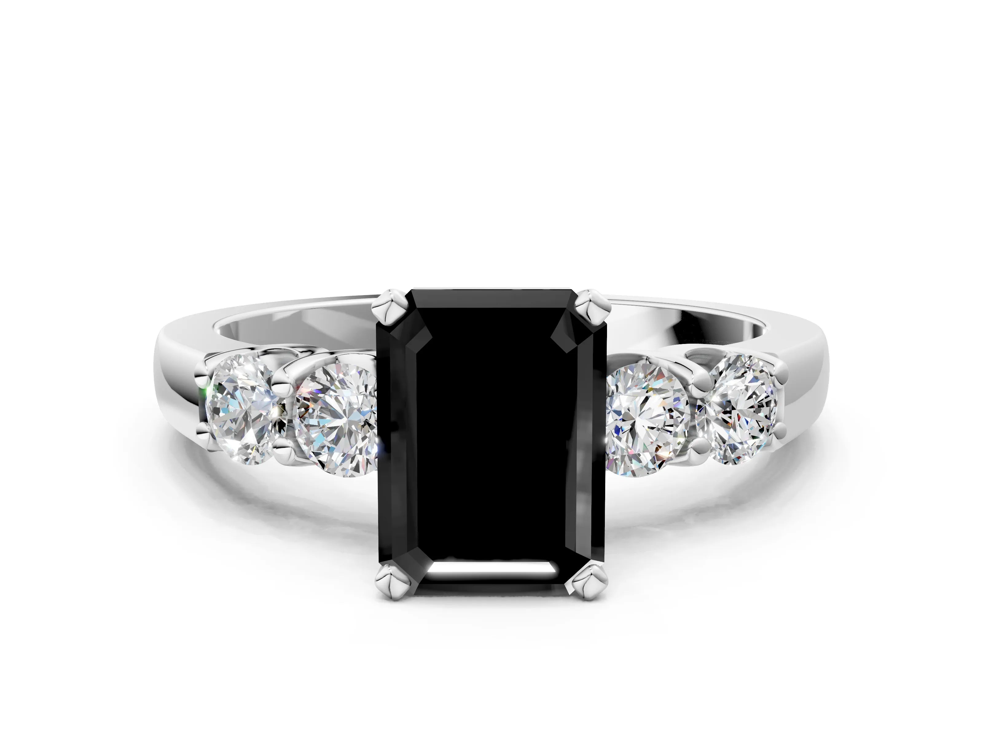 White gold Fancy Black Emerald Cut Brilliant Diamond Five-Stone Engagement Ring with Prong Setting on a Classic Band_3