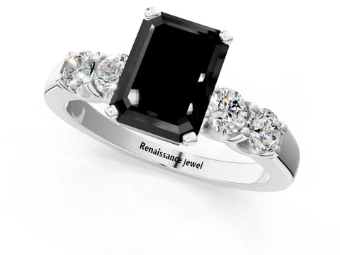 White gold Fancy Black Emerald Cut Brilliant Diamond Five-Stone Engagement Ring with Prong Setting on a Classic Band_4