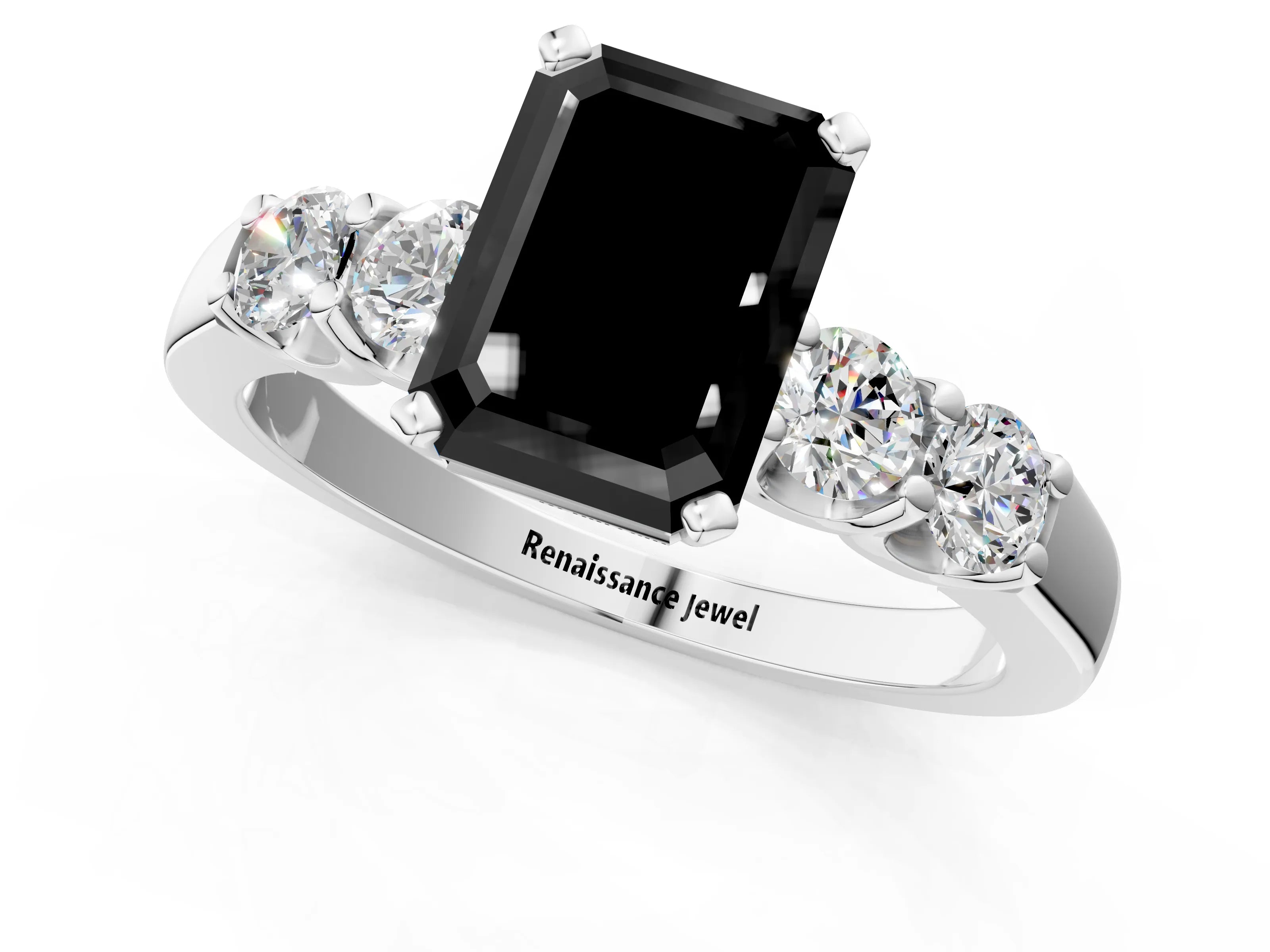 White gold Fancy Black Emerald Cut Brilliant Diamond Five-Stone Engagement Ring with Prong Setting on a Classic Band_4
