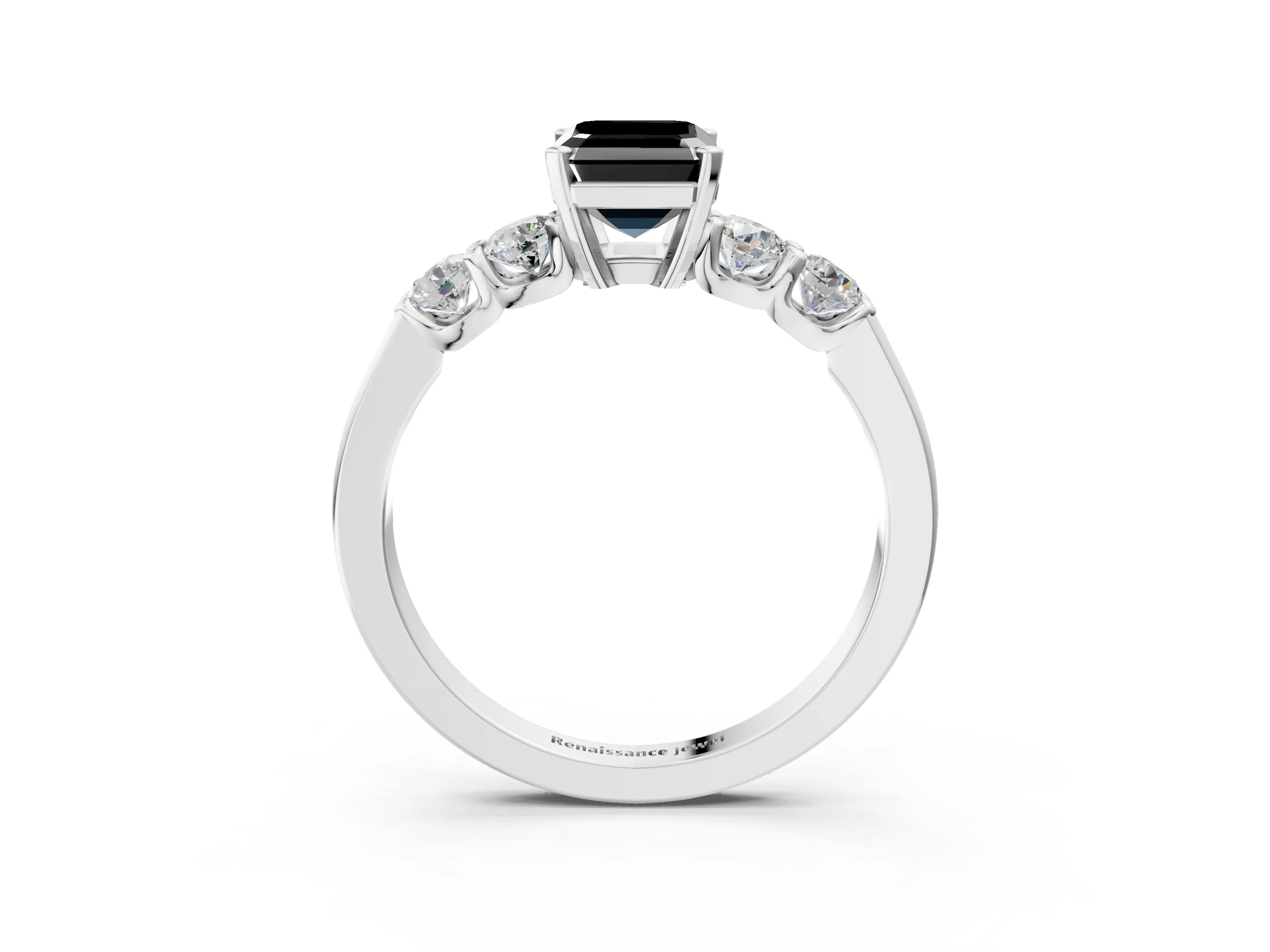 White gold Fancy Black Emerald Cut Brilliant Diamond Five-Stone Engagement Ring with Prong Setting on a Classic Band_6