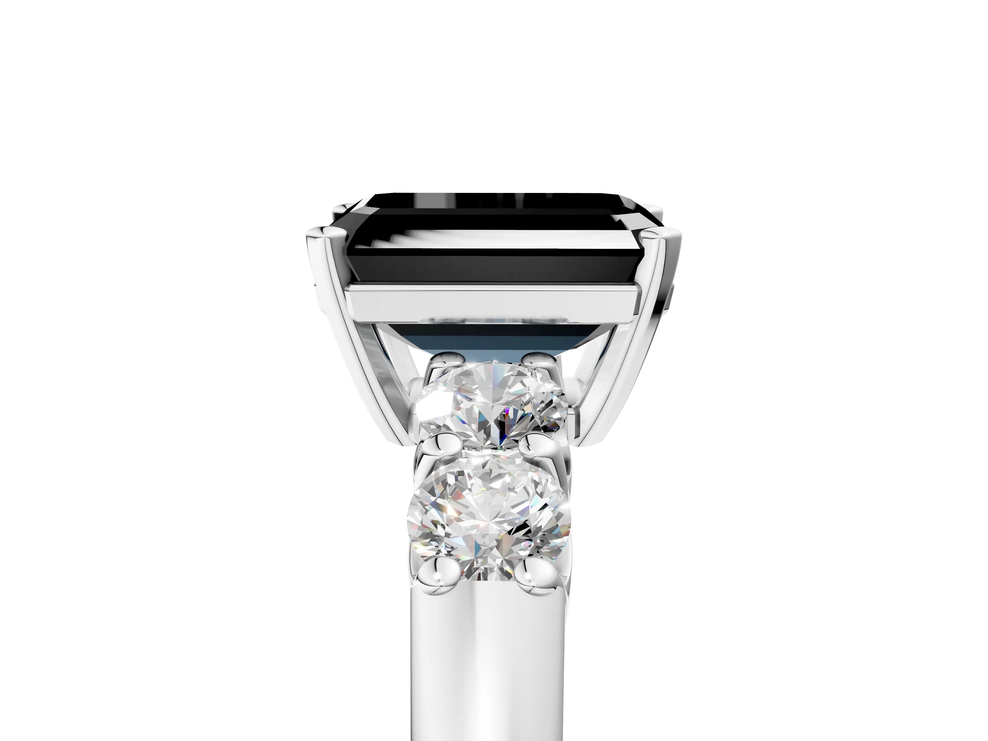 White gold Fancy Black Emerald Cut Brilliant Diamond Five-Stone Engagement Ring with Prong Setting on a Classic Band_8
