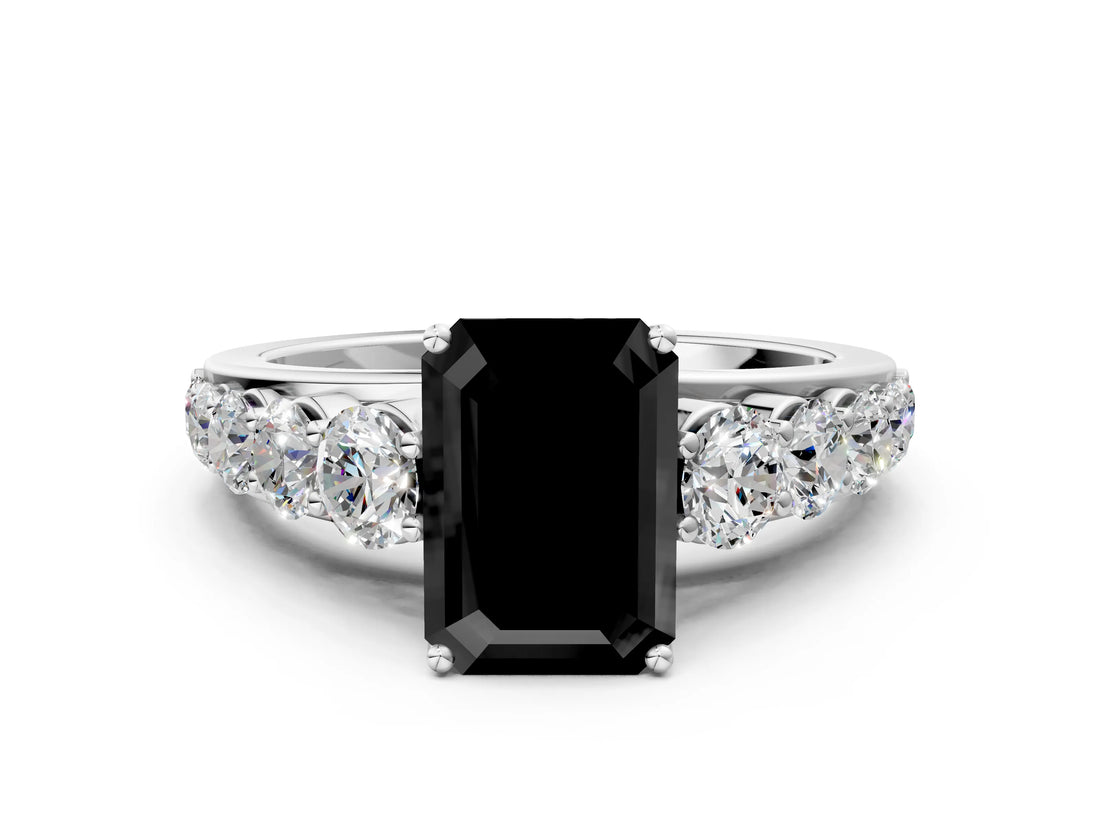 White gold Fancy Black Emerald Cut Brilliant Diamond Pavé Band with Six-Prong Setting_12