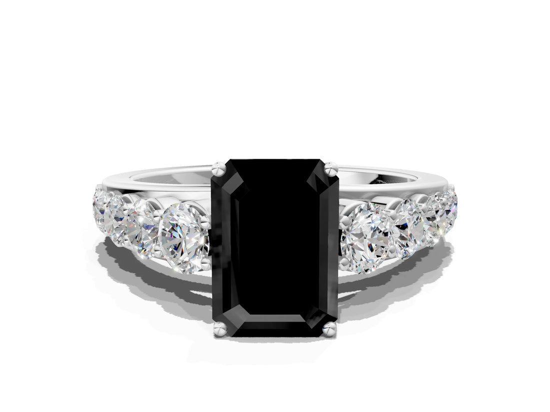 White gold Fancy Black Emerald Cut Brilliant Diamond Pavé Band with Six-Prong Setting_12