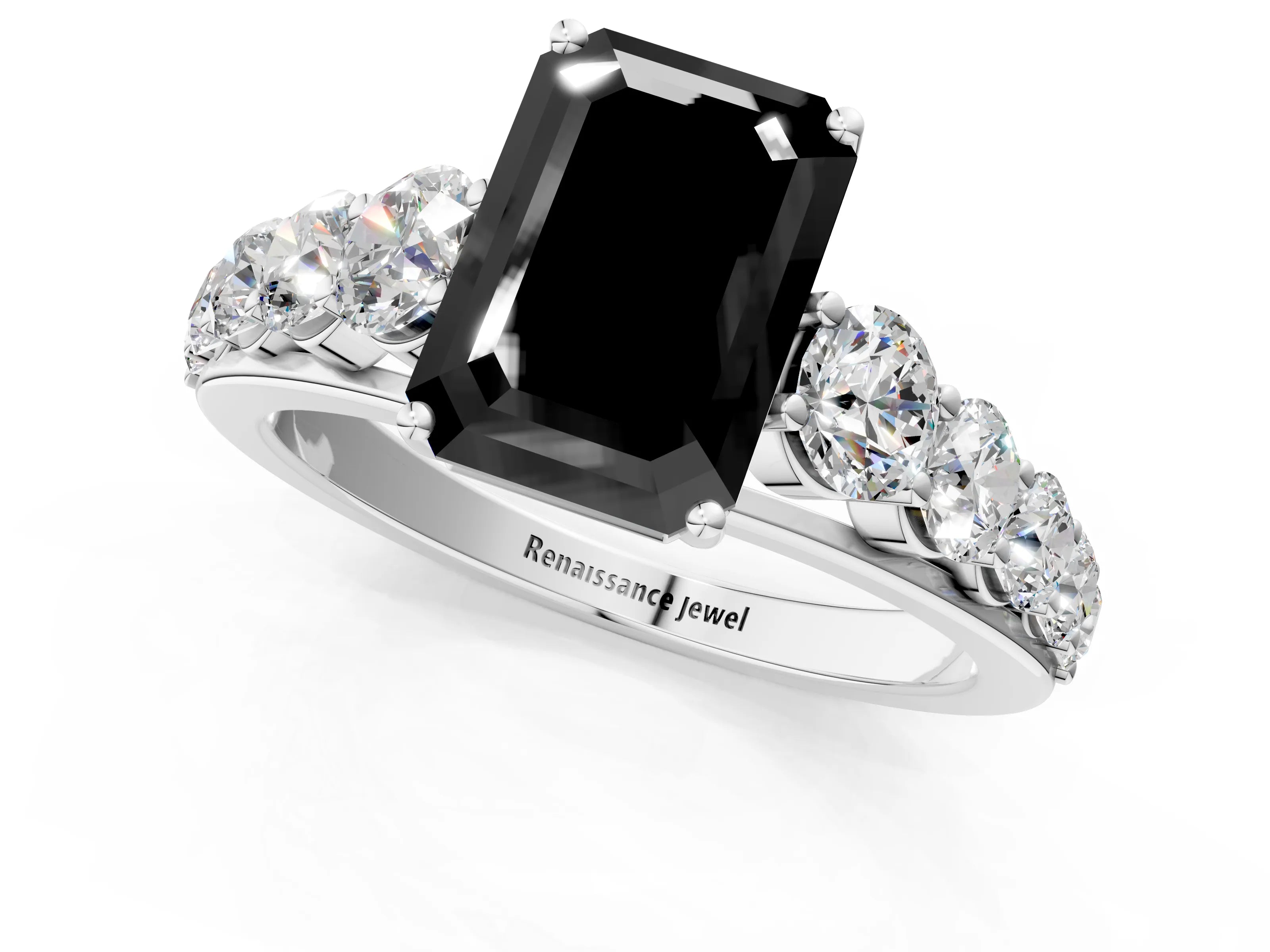 White gold Fancy Black Emerald Cut Brilliant Diamond Pavé Band with Six-Prong Setting_1