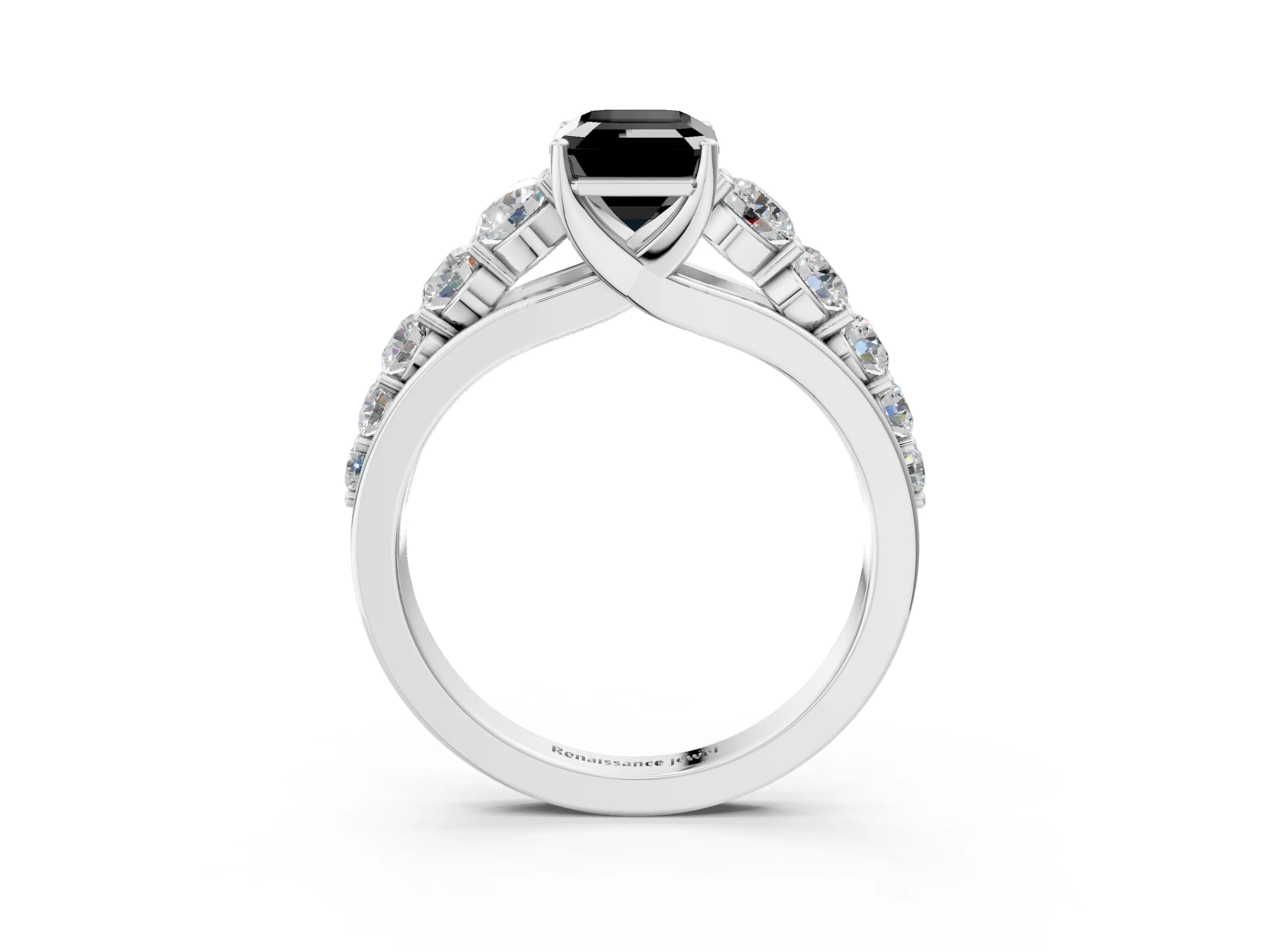 White gold Fancy Black Emerald Cut Brilliant Diamond Pavé Band with Six-Prong Setting_3