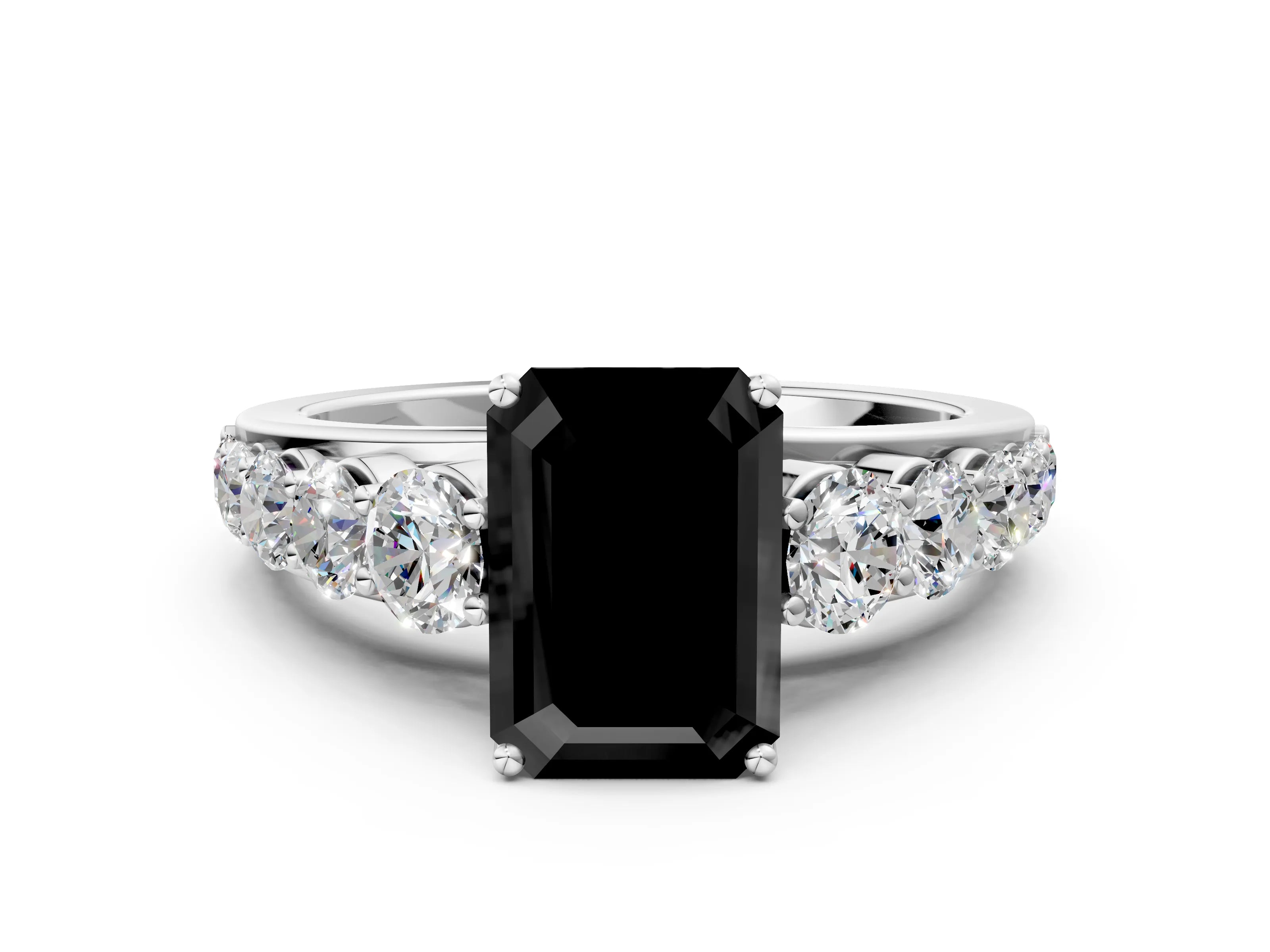 White gold Fancy Black Emerald Cut Brilliant Diamond Pavé Band with Six-Prong Setting