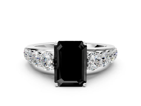 White gold Fancy Black Emerald Cut Brilliant Diamond Pavé Band with Six-Prong Setting