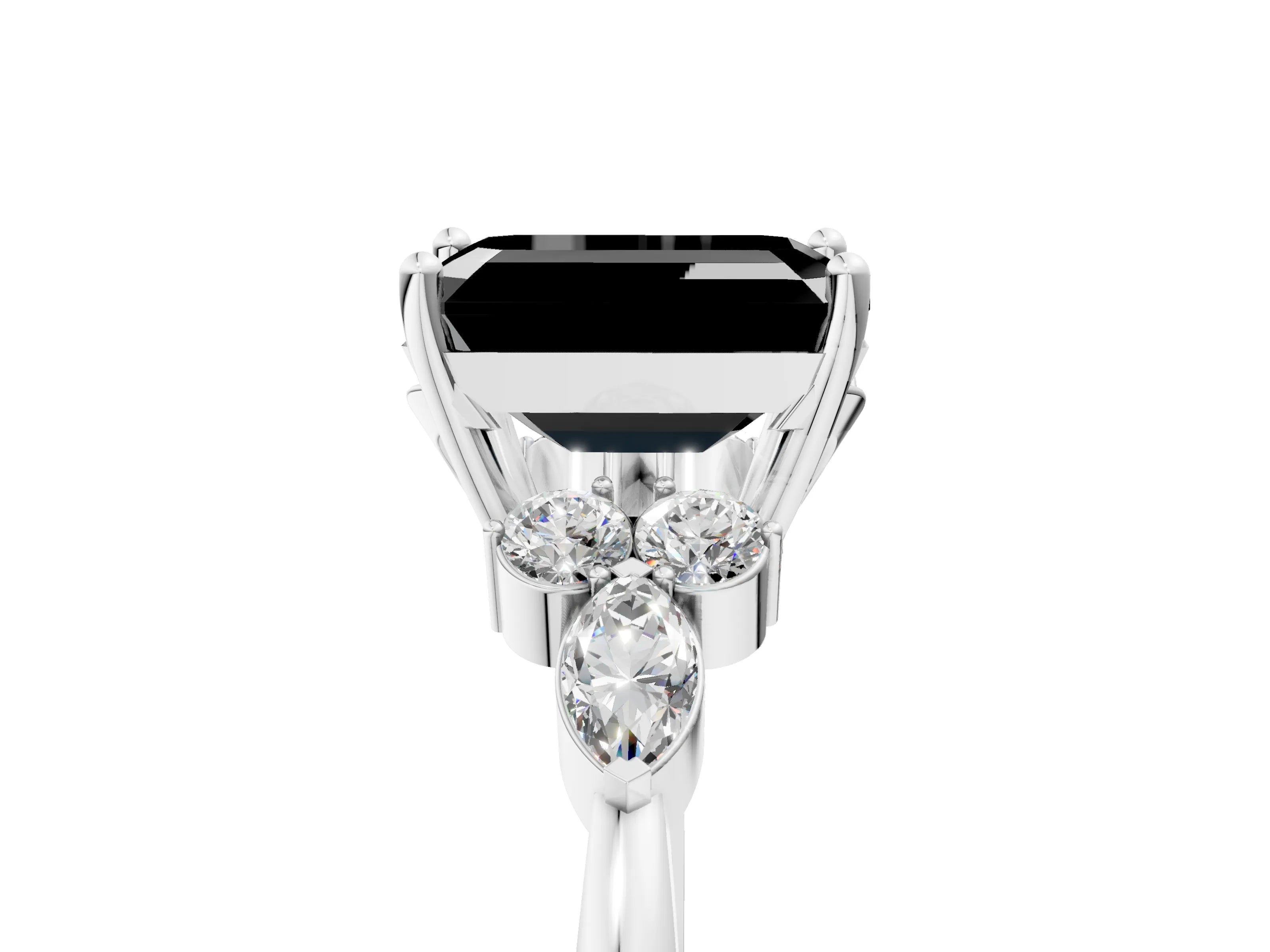White gold Fancy Black Emerald Cut Brilliant Diamond Solitaire Ring with Pear Side Stones and Four-Prong Setting_11