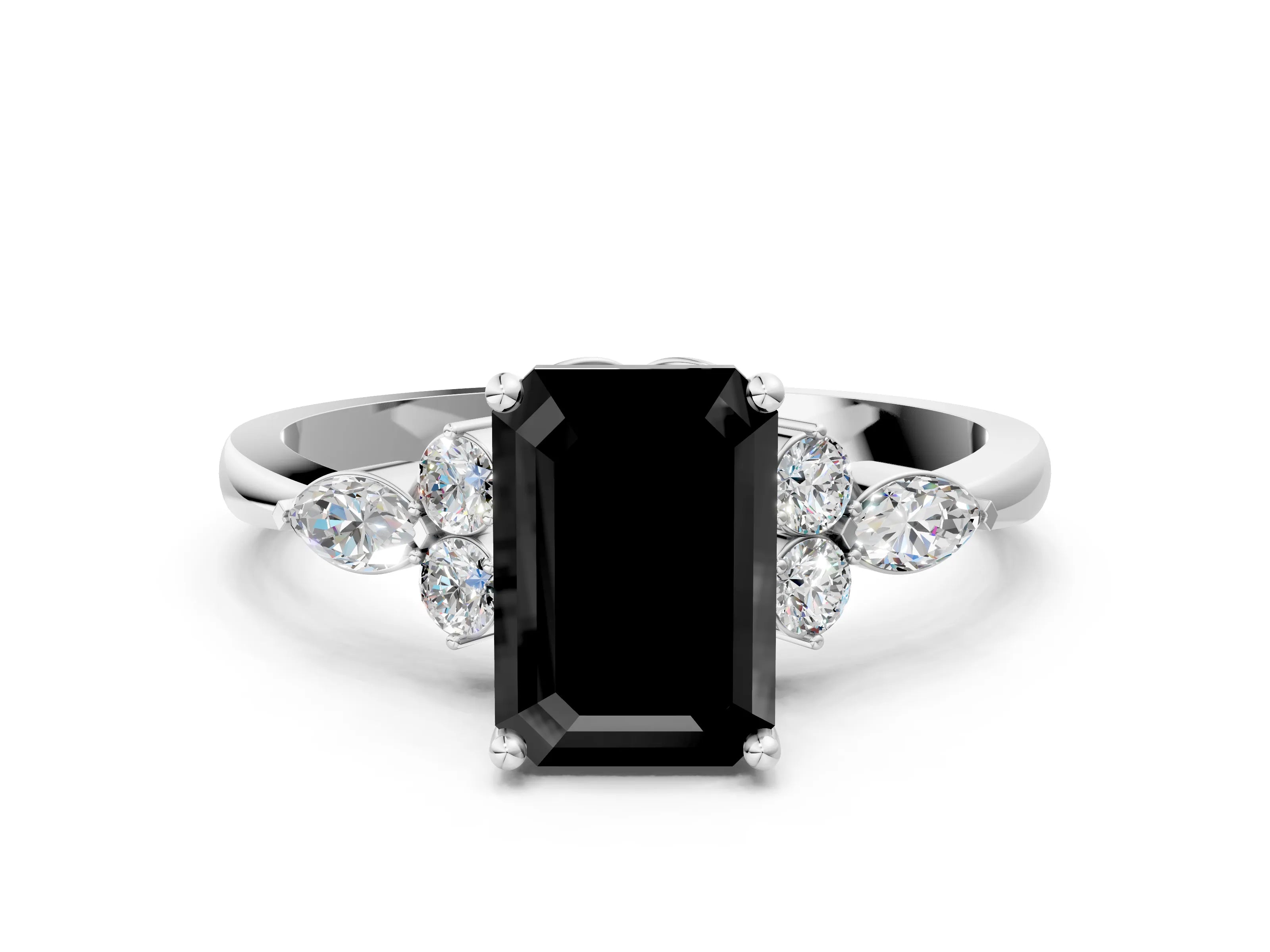 White gold Fancy Black Emerald Cut Brilliant Diamond Solitaire Ring with Pear Side Stones and Four-Prong Setting_18