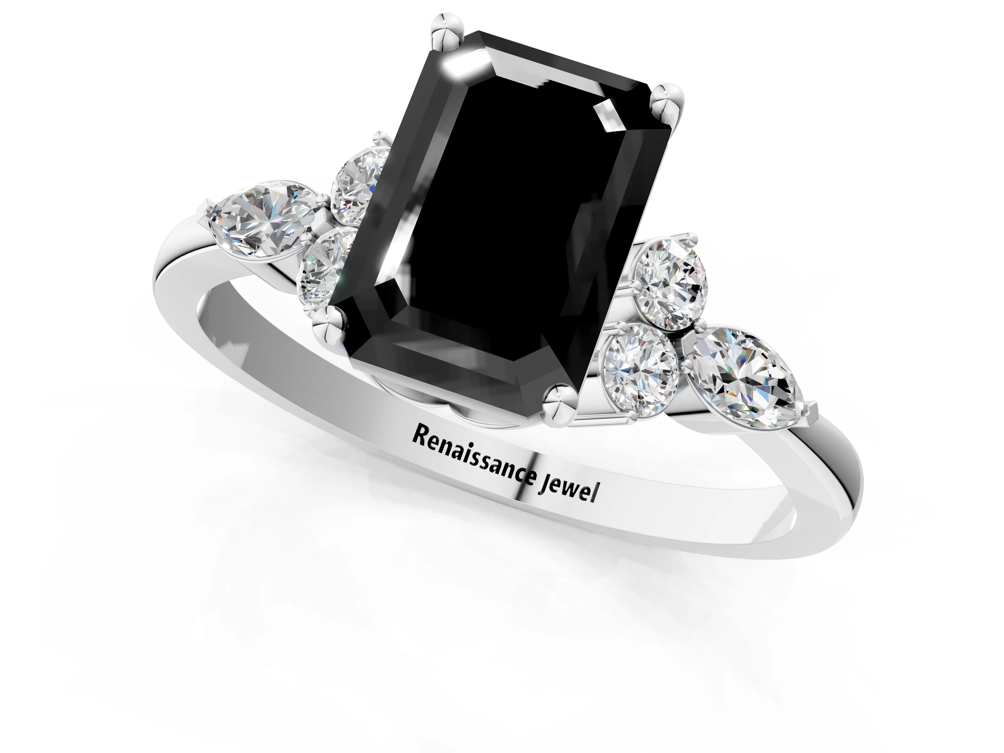 White gold Fancy Black Emerald Cut Brilliant Diamond Solitaire Ring with Pear Side Stones and Four-Prong Setting_19