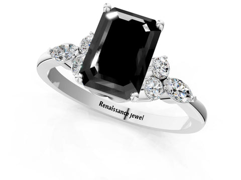 White gold Fancy Black Emerald Cut Brilliant Diamond Solitaire Ring with Pear Side Stones and Four-Prong Setting_19