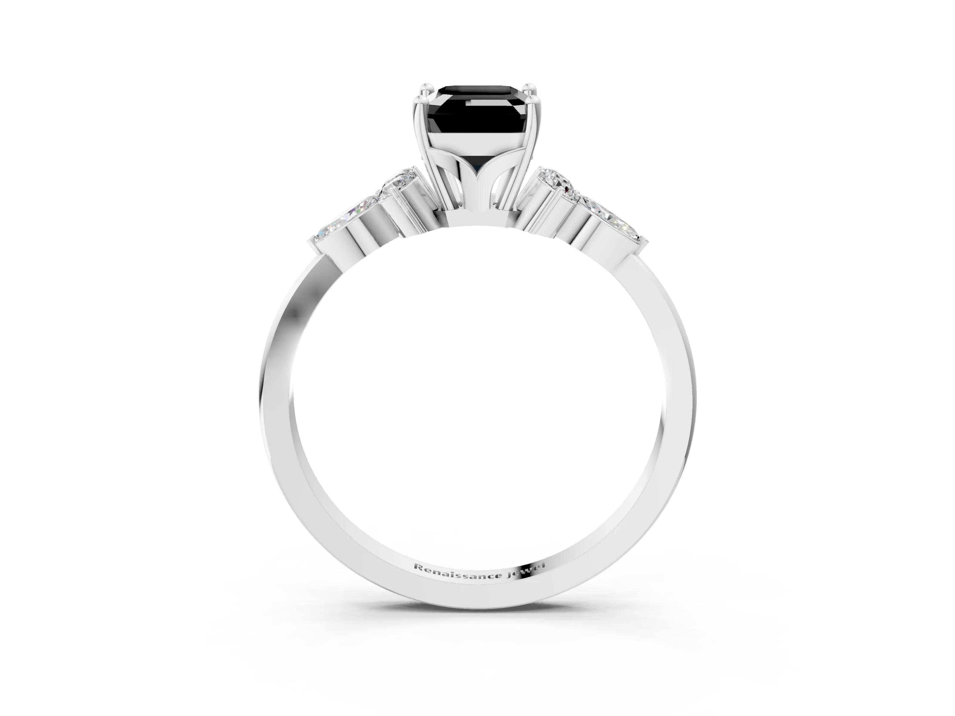 White gold Fancy Black Emerald Cut Brilliant Diamond Solitaire Ring with Pear Side Stones and Four-Prong Setting_21