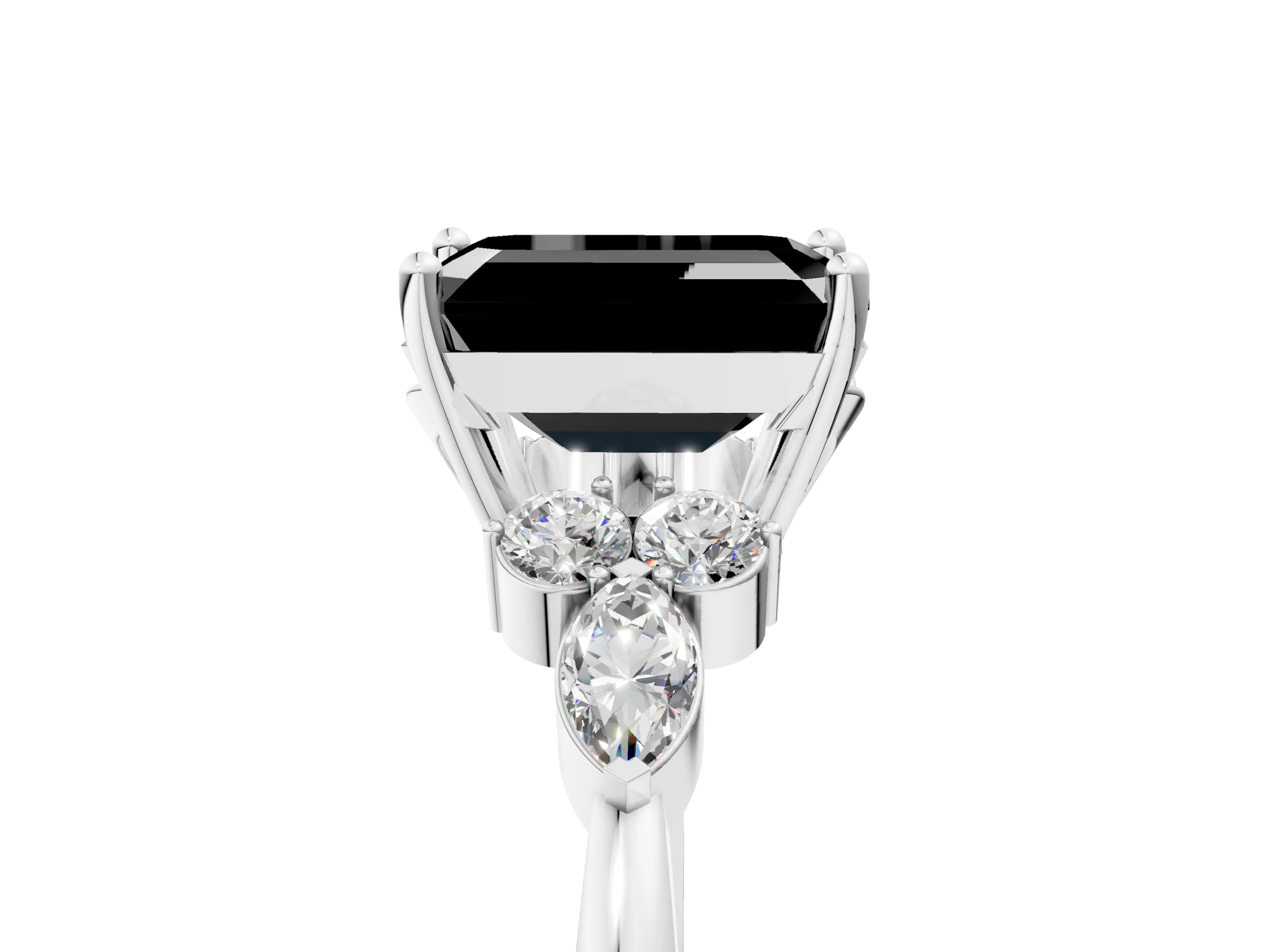 White gold Fancy Black Emerald Cut Brilliant Diamond Solitaire Ring with Pear Side Stones and Four-Prong Setting_23