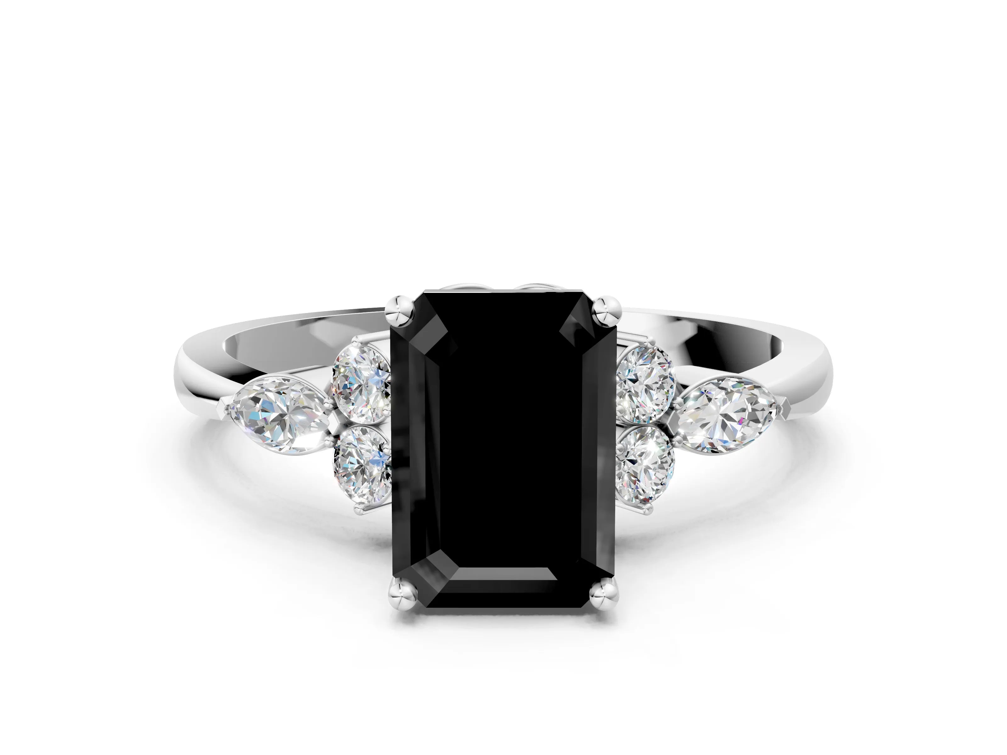White gold Fancy Black Emerald Cut Brilliant Diamond Solitaire Ring with Pear Side Stones and Four-Prong Setting_6