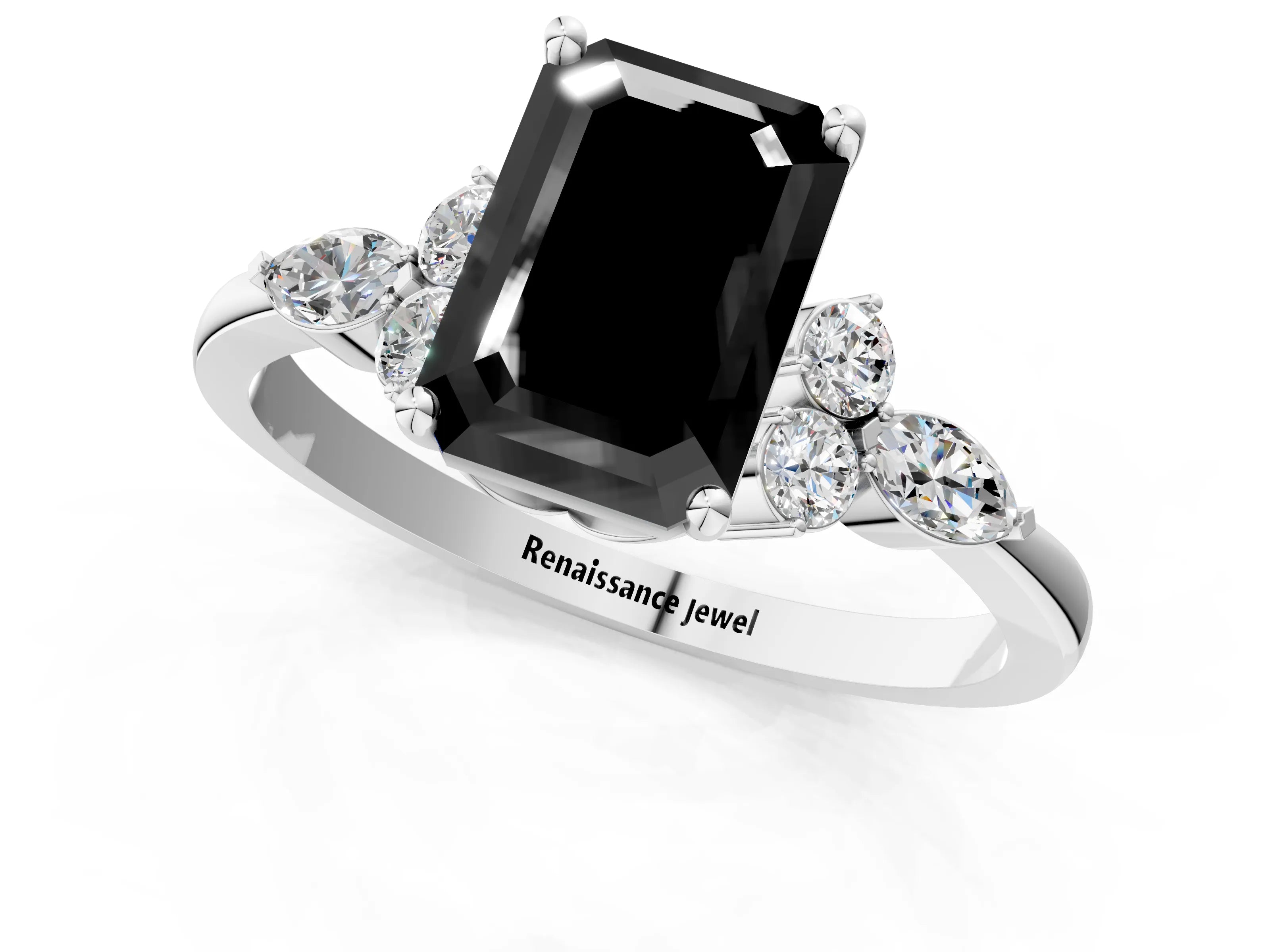 White gold Fancy Black Emerald Cut Brilliant Diamond Solitaire Ring with Pear Side Stones and Four-Prong Setting_7
