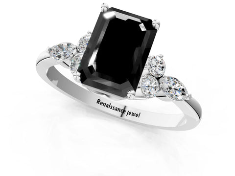 White gold Fancy Black Emerald Cut Brilliant Diamond Solitaire Ring with Pear Side Stones and Four-Prong Setting_7