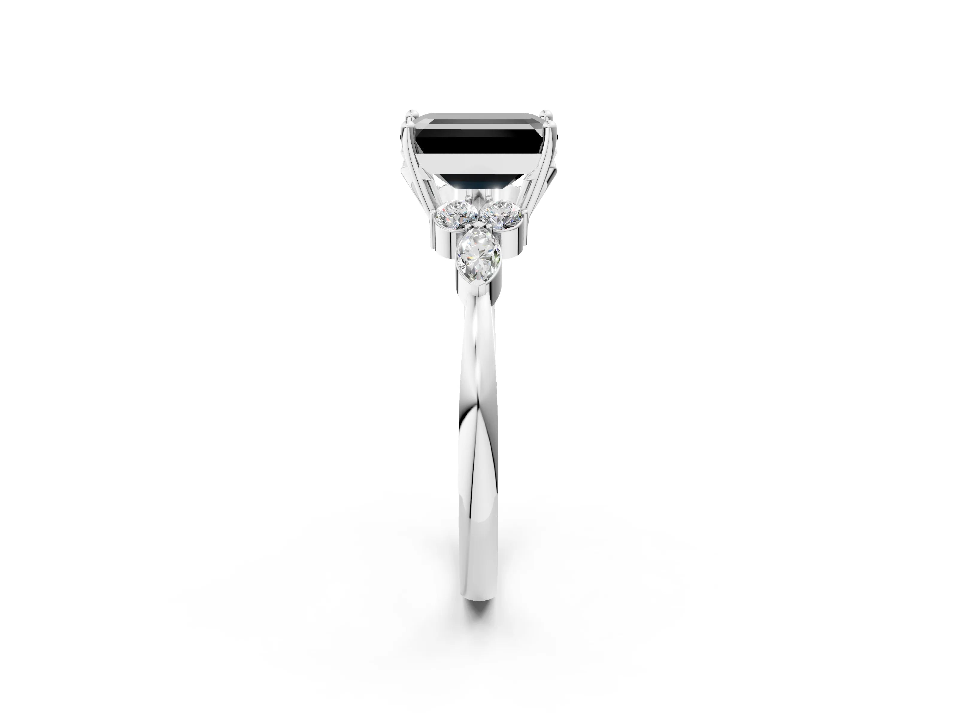 White gold Fancy Black Emerald Cut Brilliant Diamond Solitaire Ring with Pear Side Stones and Four-Prong Setting_8