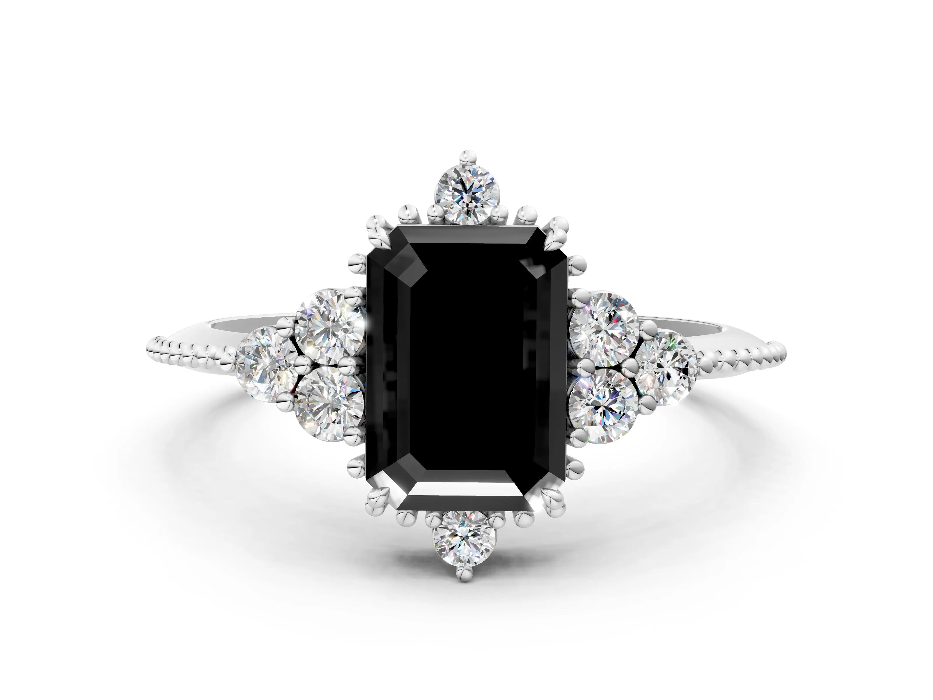 White gold Fancy Black Emerald Cut Brilliant Diamond with Cluster Setting on a Beaded Band and Four-Prong Setting