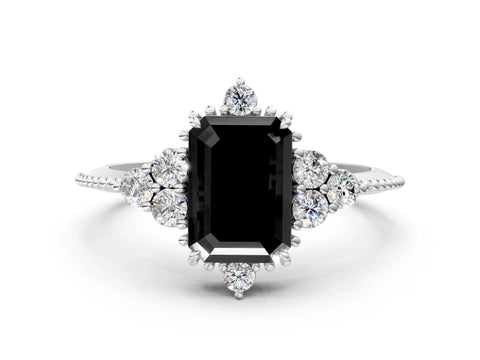 White gold Fancy Black Emerald Cut Brilliant Diamond with Cluster Setting on a Beaded Band and Four-Prong Setting