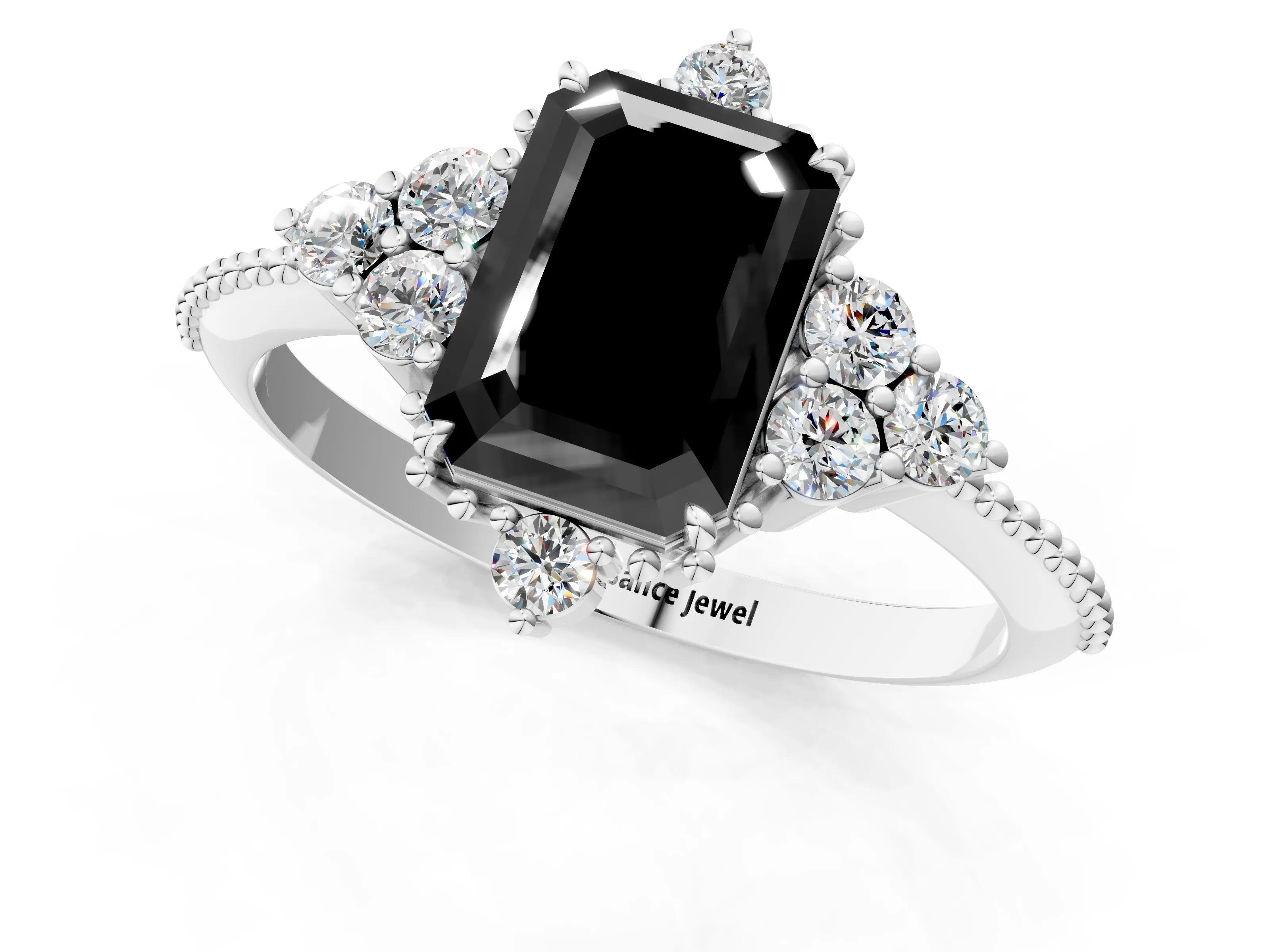 White gold Fancy Black Emerald Cut Brilliant Diamond with Cluster Setting on a Beaded Band and Four-Prong Setting_1
