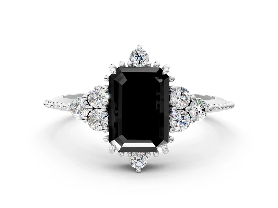 White gold Fancy Black Emerald Cut Brilliant Diamond with Cluster Setting on a Beaded Band and Four-Prong Setting_36