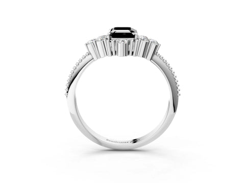 White gold Fancy Black Emerald Cut Brilliant Diamond with Cluster Setting on a Beaded Band and Four-Prong Setting_3