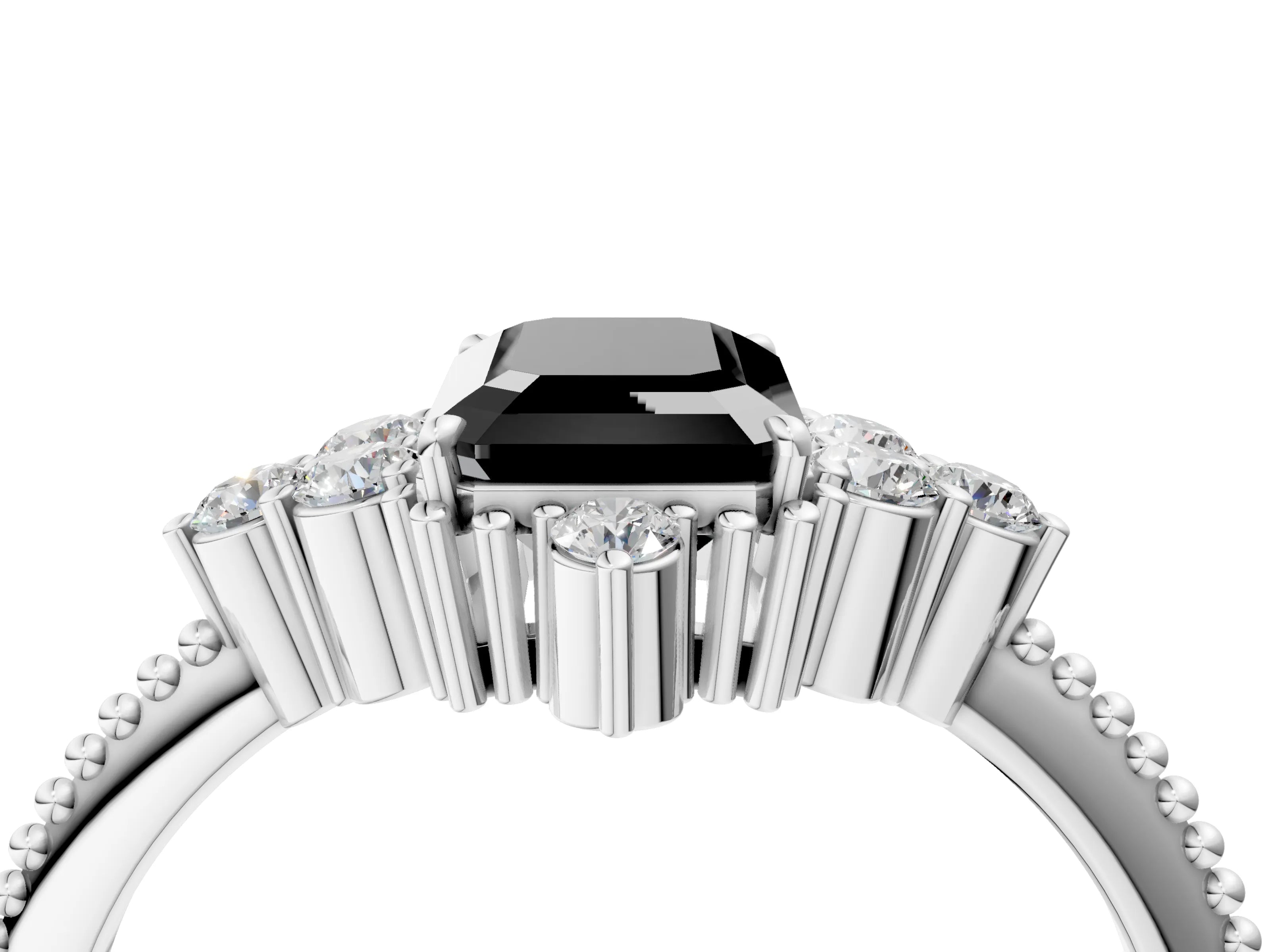 White gold Fancy Black Emerald Cut Brilliant Diamond with Cluster Setting on a Beaded Band and Four-Prong Setting_4