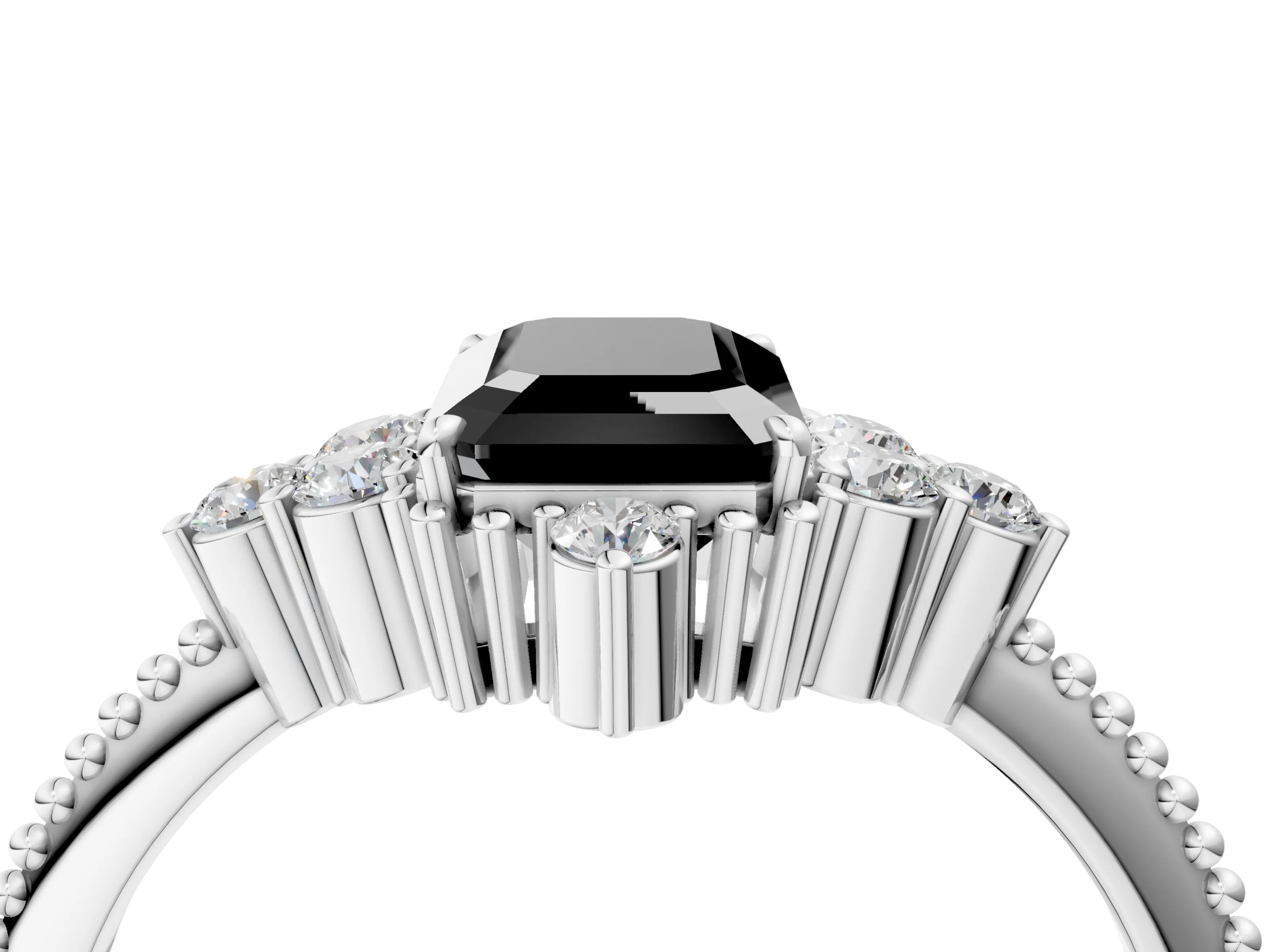 White gold Fancy Black Emerald Cut Brilliant Diamond with Cluster Setting on a Beaded Band and Four-Prong Setting_40