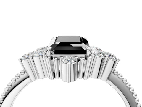 White gold Fancy Black Emerald Cut Brilliant Diamond with Cluster Setting on a Beaded Band and Four-Prong Setting_40