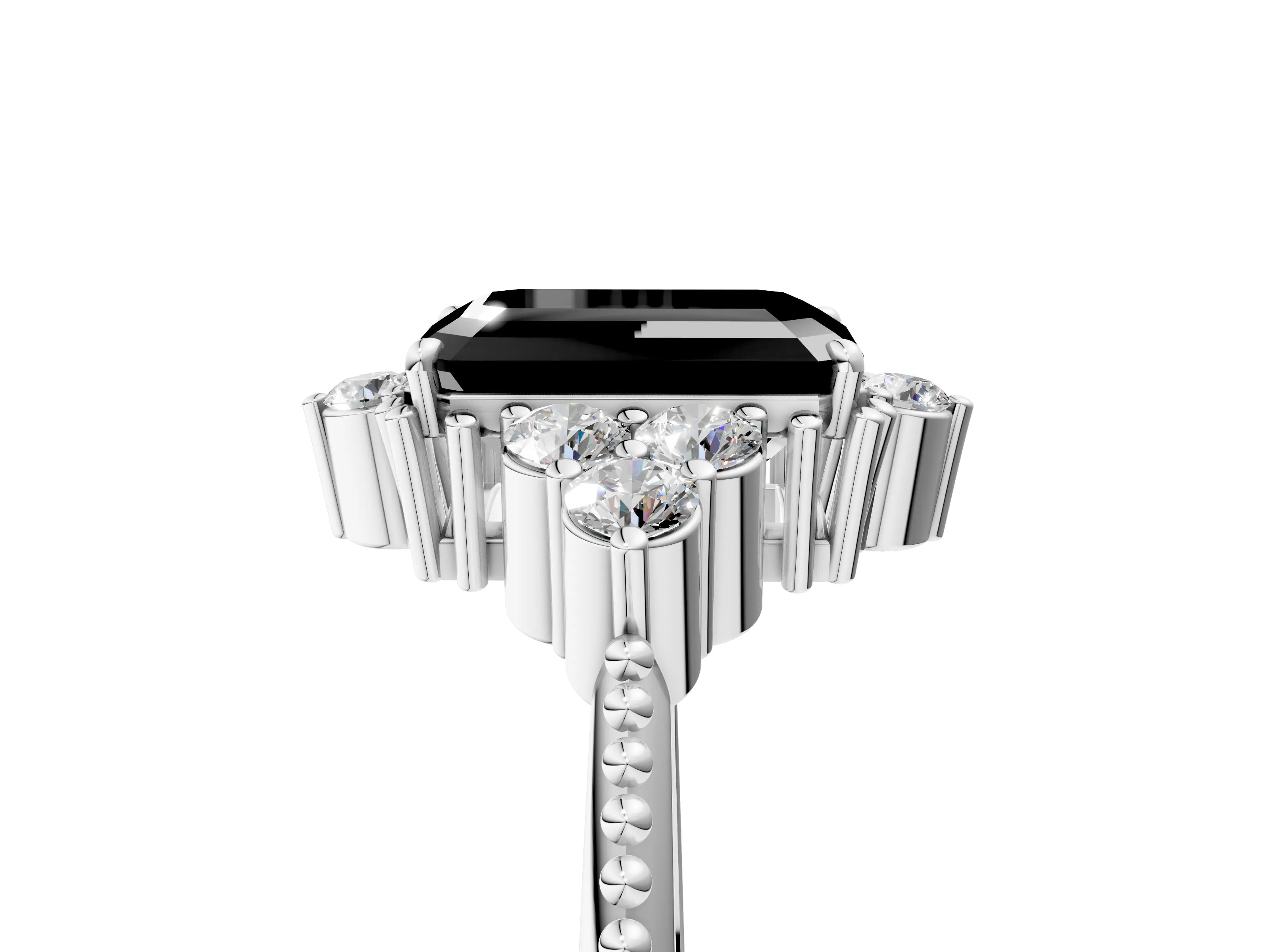 White gold Fancy Black Emerald Cut Brilliant Diamond with Cluster Setting on a Beaded Band and Four-Prong Setting_41