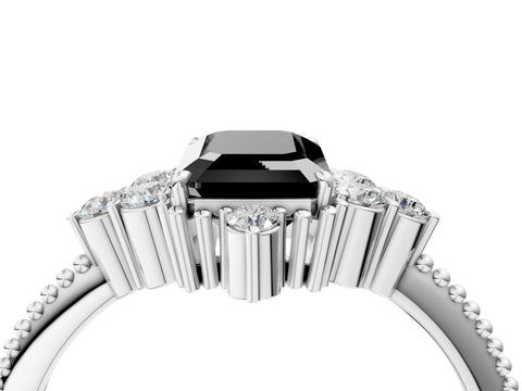 White gold Fancy Black Emerald Cut Brilliant Diamond with Cluster Setting on a Beaded Band and Four-Prong Setting_4