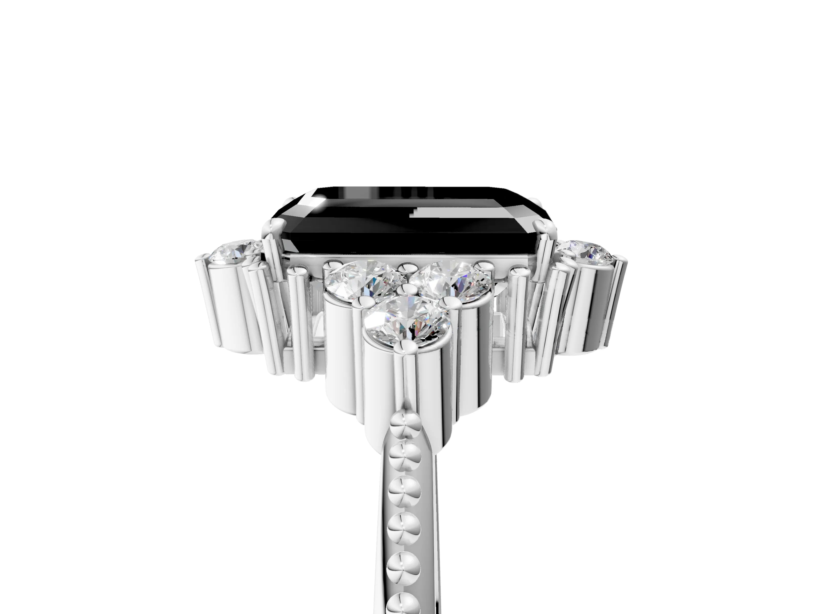 White gold Fancy Black Emerald Cut Brilliant Diamond with Cluster Setting on a Beaded Band and Four-Prong Setting_5
