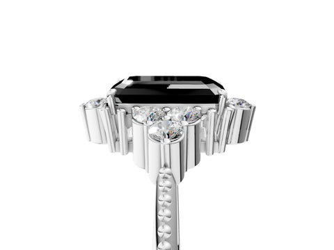 White gold Fancy Black Emerald Cut Brilliant Diamond with Cluster Setting on a Beaded Band and Four-Prong Setting_5