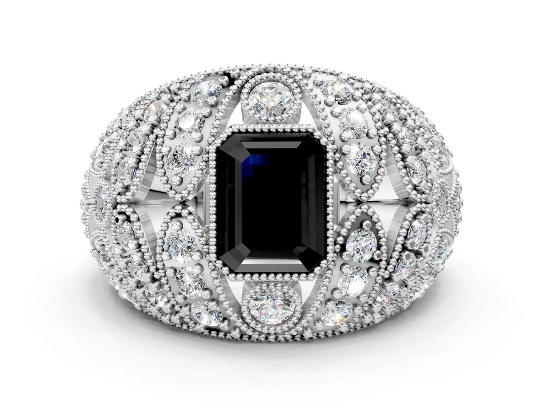White gold Fancy Black Emerald Cut Brilliant Halo Pave Diamond Milgrain Ring