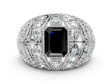 White gold Fancy Black Emerald Cut Brilliant Halo Pave Diamond Milgrain Ring