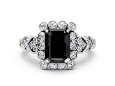 White gold Fancy Black Emerald Cut Brilliant Milgrain Pave Heart Band Solitaire Ring_12