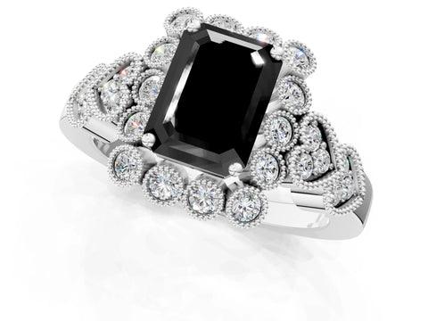 White gold Fancy Black Emerald Cut Brilliant Milgrain Pave Heart Band Solitaire Ring_13