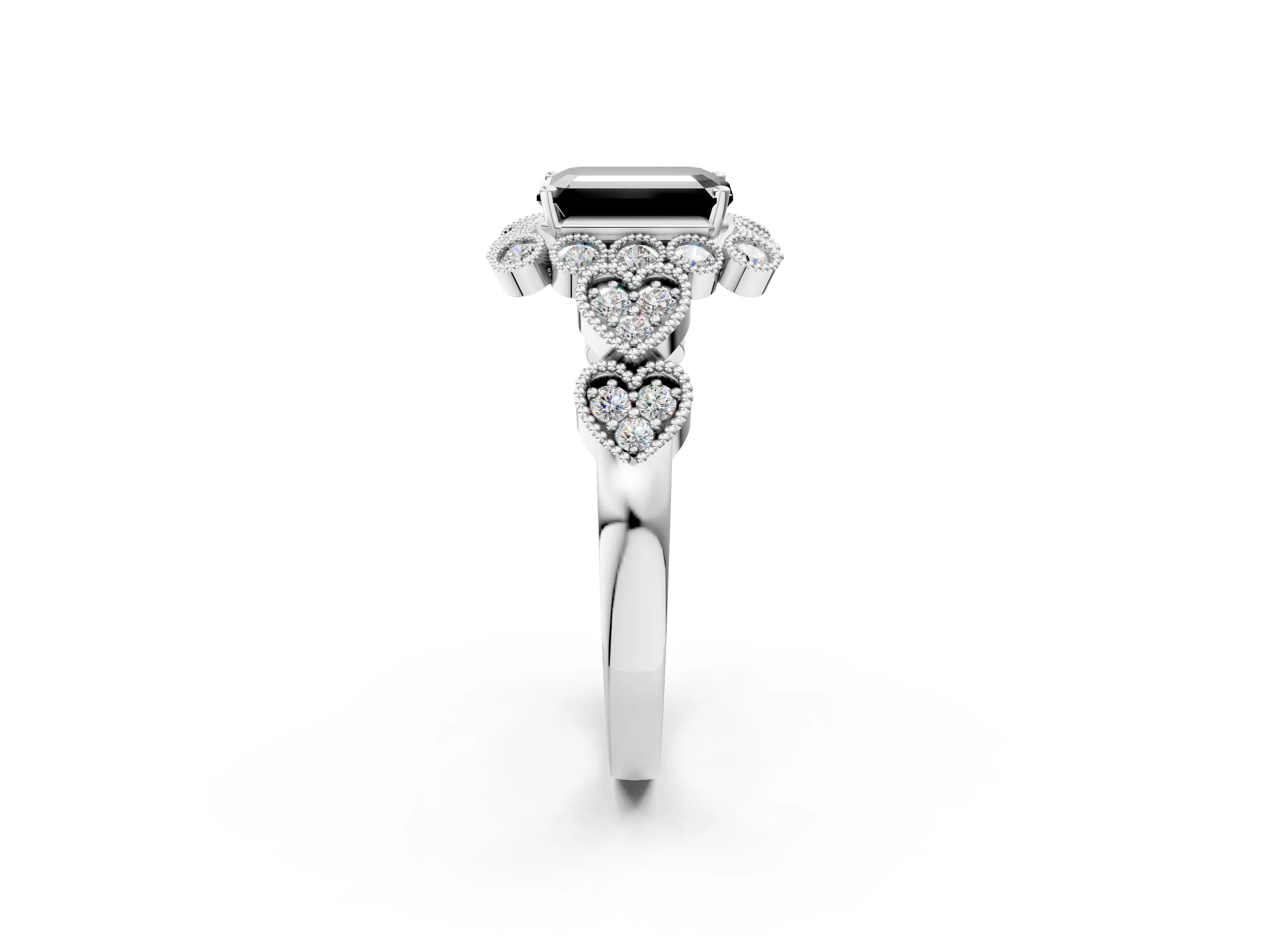 White gold Fancy Black Emerald Cut Brilliant Milgrain Pave Heart Band Solitaire Ring_14