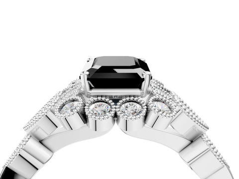 White gold Fancy Black Emerald Cut Brilliant Milgrain Pave Heart Band Solitaire Ring_16
