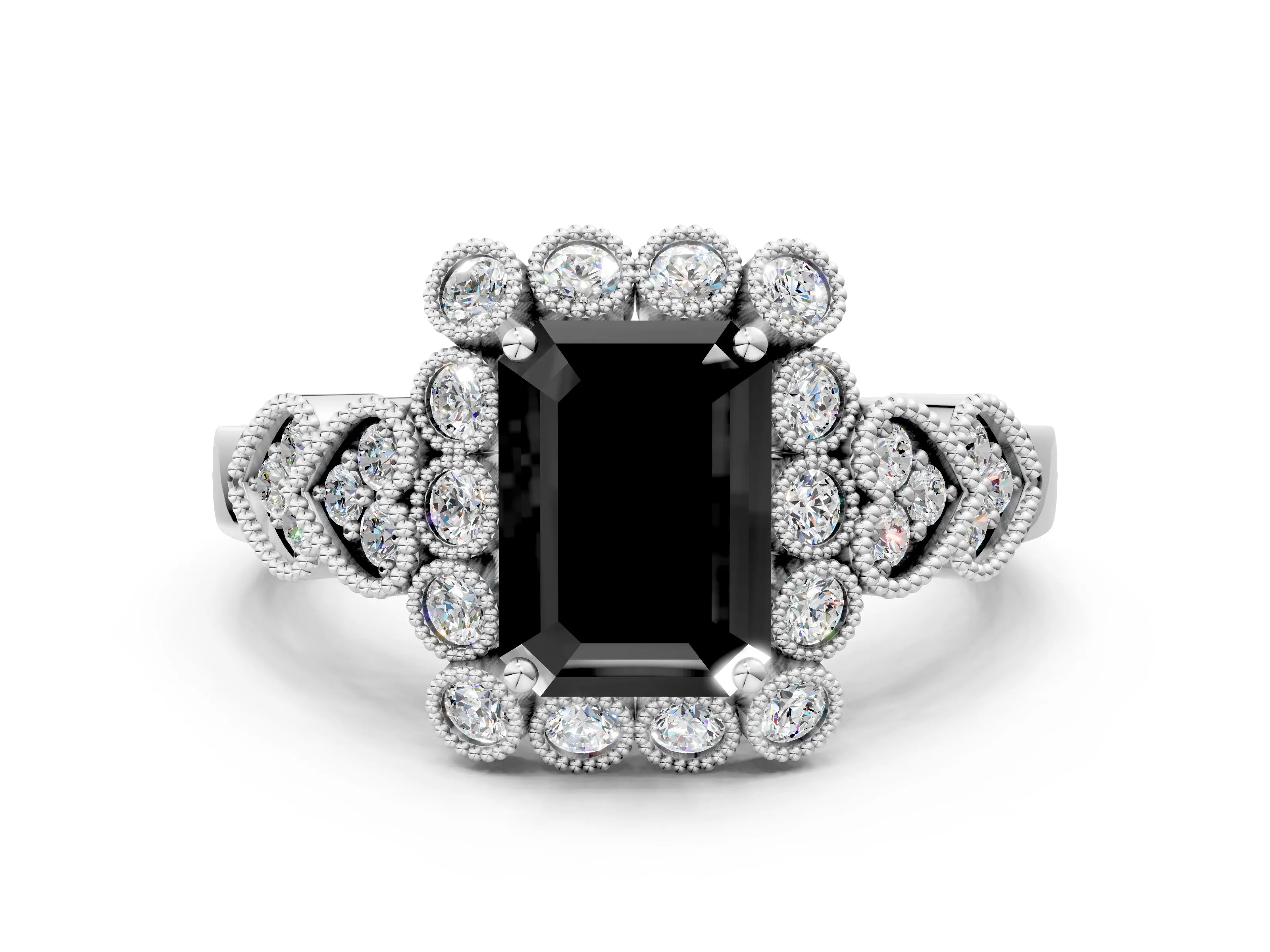 White gold Fancy Black Emerald Cut Brilliant Milgrain Pave Heart Band Solitaire Ring_18