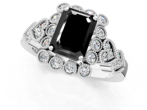 White gold Fancy Black Emerald Cut Brilliant Milgrain Pave Heart Band Solitaire Ring_19