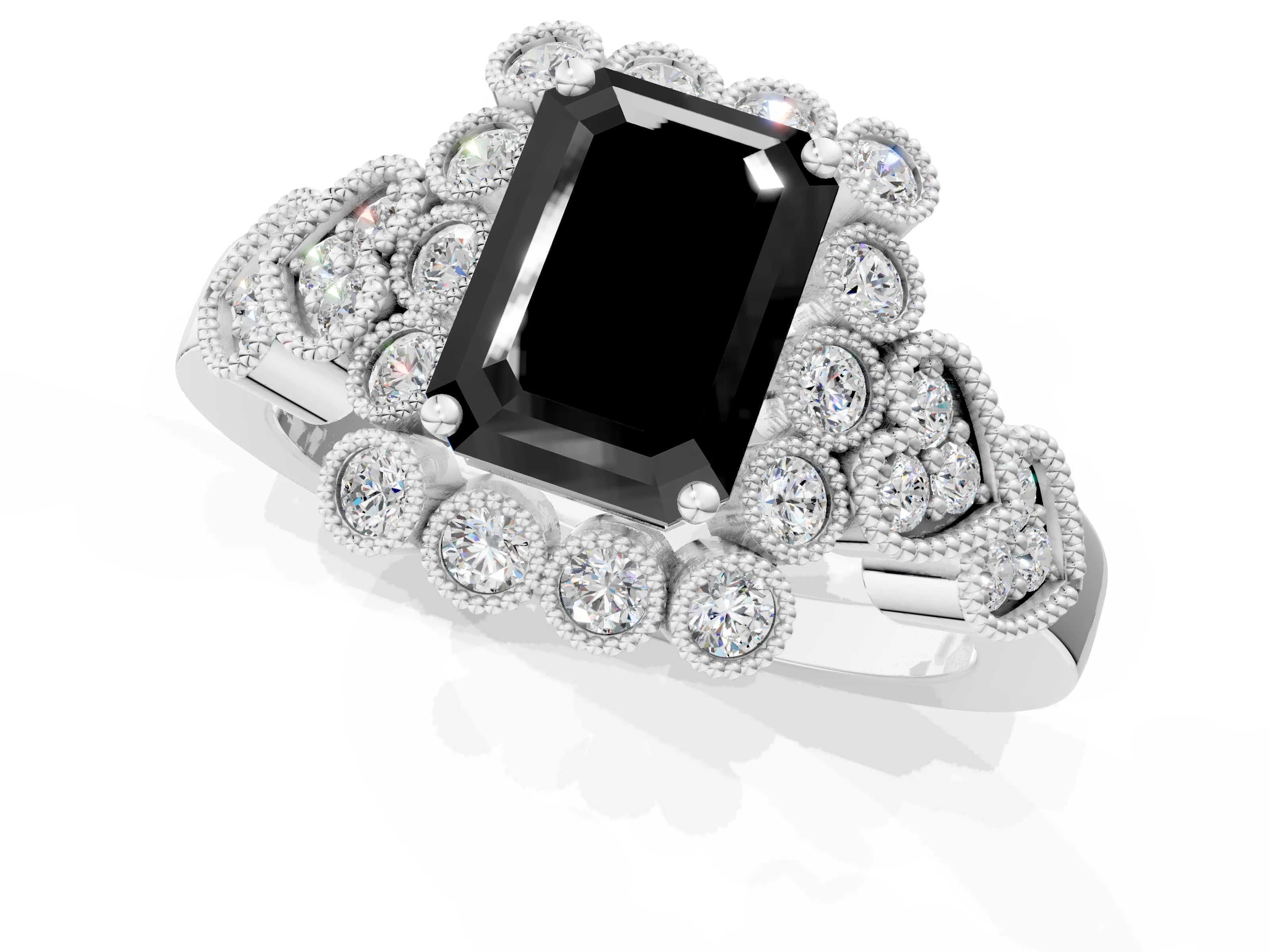 White gold Fancy Black Emerald Cut Brilliant Milgrain Pave Heart Band Solitaire Ring_1