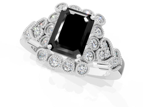 White gold Fancy Black Emerald Cut Brilliant Milgrain Pave Heart Band Solitaire Ring_1